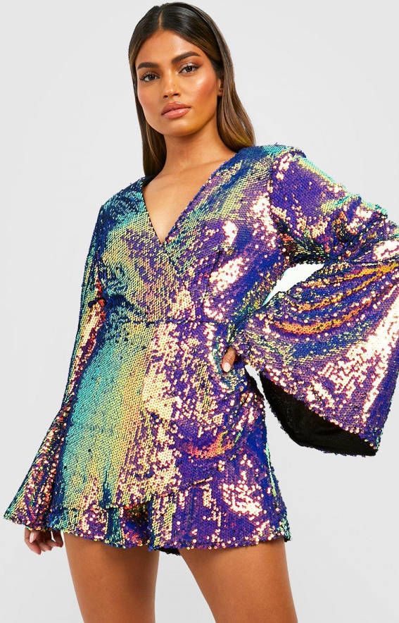 boohoo Glitter Wikkel Romper Met Pailletten En Wijde Mouwen, Multi