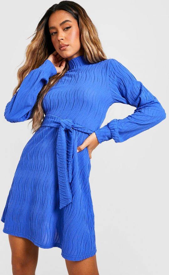 boohoo Golvende Skater Jurk Met Textuur En Hoge Hals, Cobalt