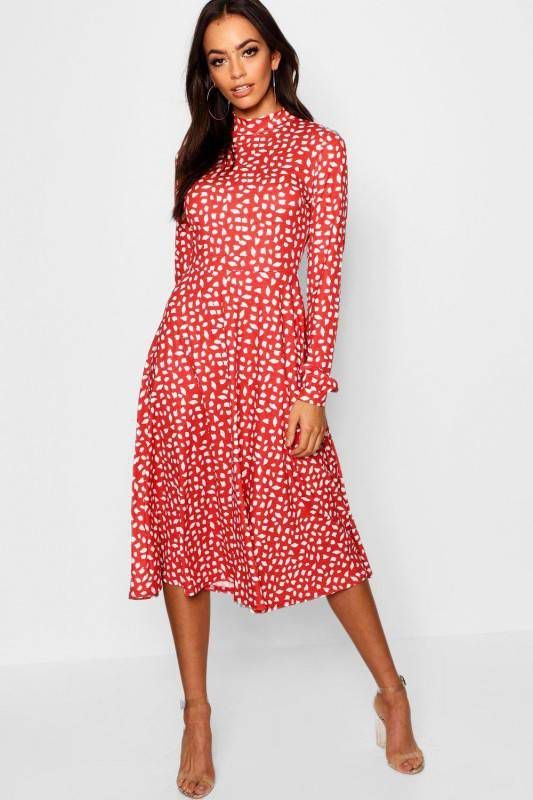 boohoo Dalmatië, rprint Midi Jurk Met Lange Mouwen En Hoge Hals, Rood