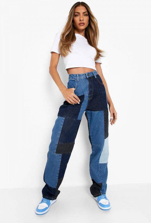 boohoo High Rise Boyfriend Jeans Met Patches, Dark Blue