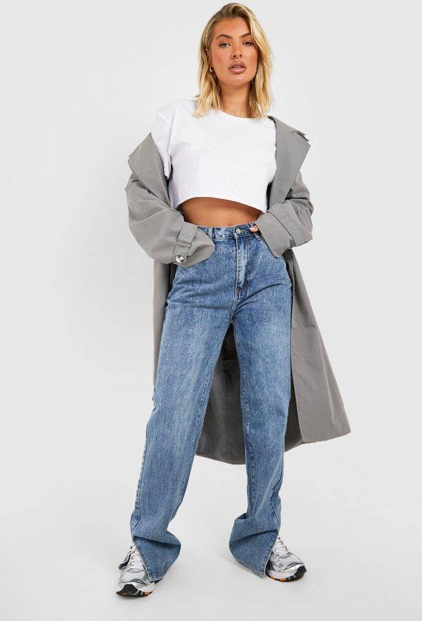 boohoo High Rise Spijkerbroek Met Split En Rechte Pijpen, Mid Blue