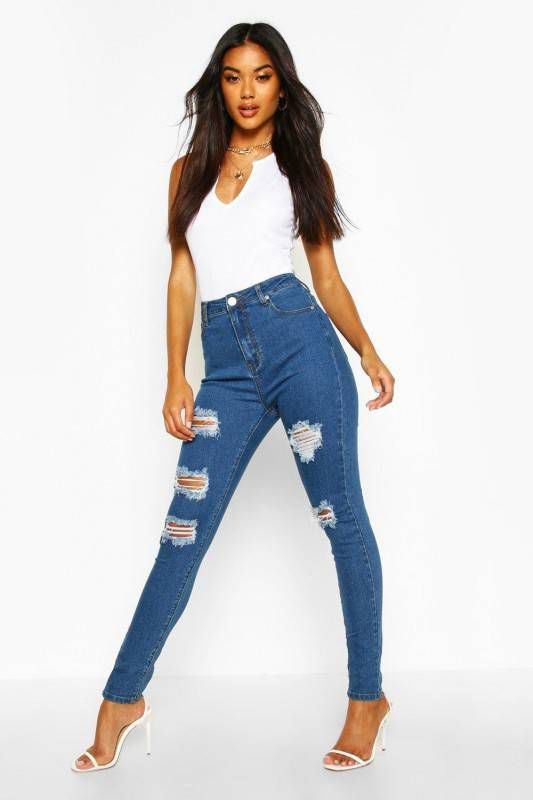 boohoo Super Versleten Skinny Jeans Met Hoge Taille, Middenblauw