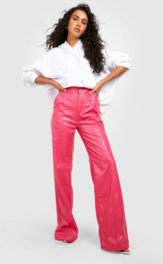 boohoo High Waist Pu Broek Met Naaddetail, Pink