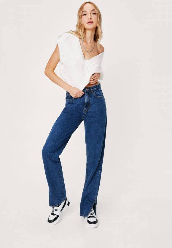 boohoo High Waist Slit'S Now Or Never Jeans, Dark Blue