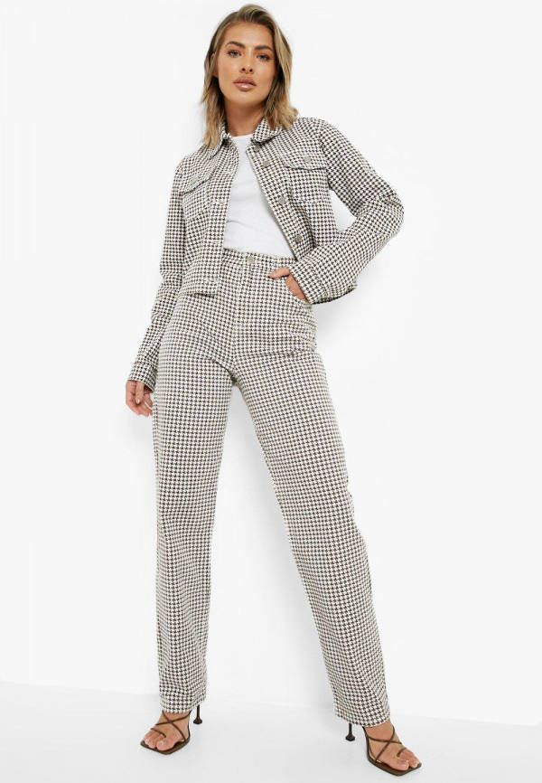 boohoo Houndstooth Spijkerbroek Met Hoge Taille En Rechte Pijpen, Ecru