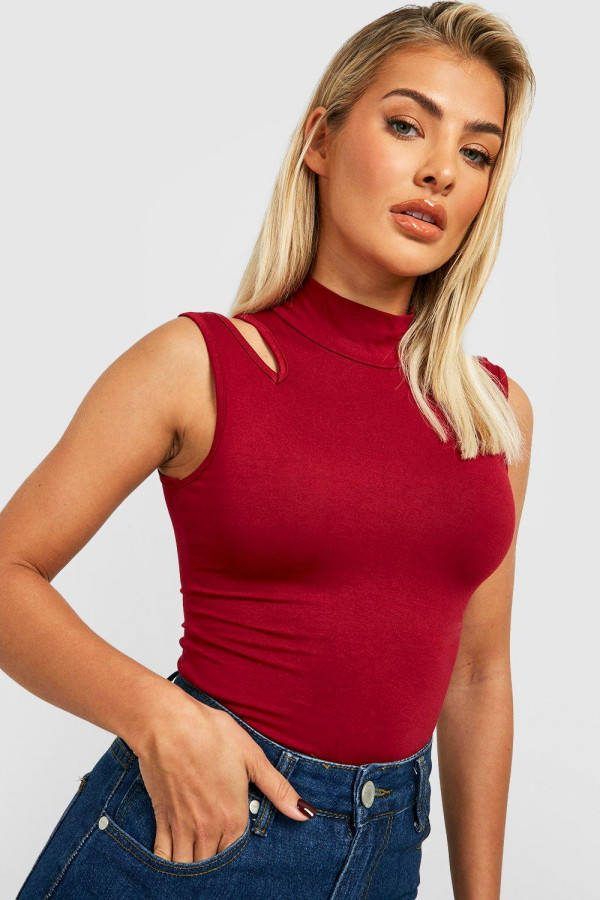 boohoo Jersey Cut Out One Piece Met Hoge Hals, Burgundy