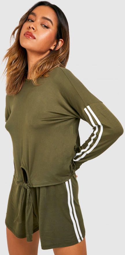 boohoo Jersey Set Met Lounge Shorts Met Dubbele Zijstreep, Khaki