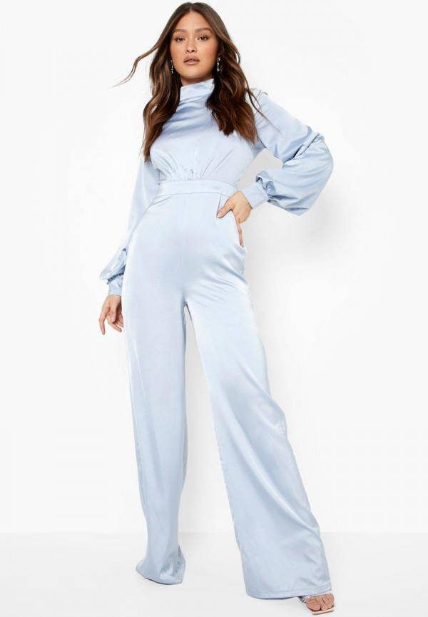 boohoo Jumpsuit Met Hoge Hals En Ballonmouwen, Light Blue