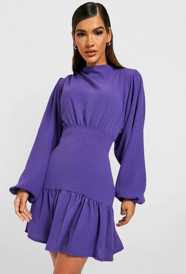boohoo Jurk Met Hoge Hals En Volle Mouwen, Purple