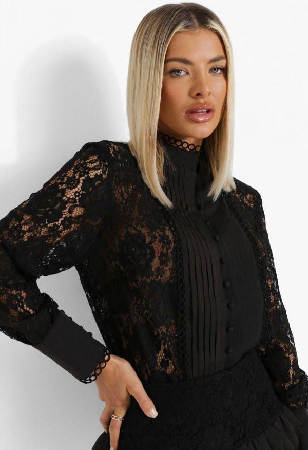 boohoo Kanten Blouse Met Volle Mouwen, Black