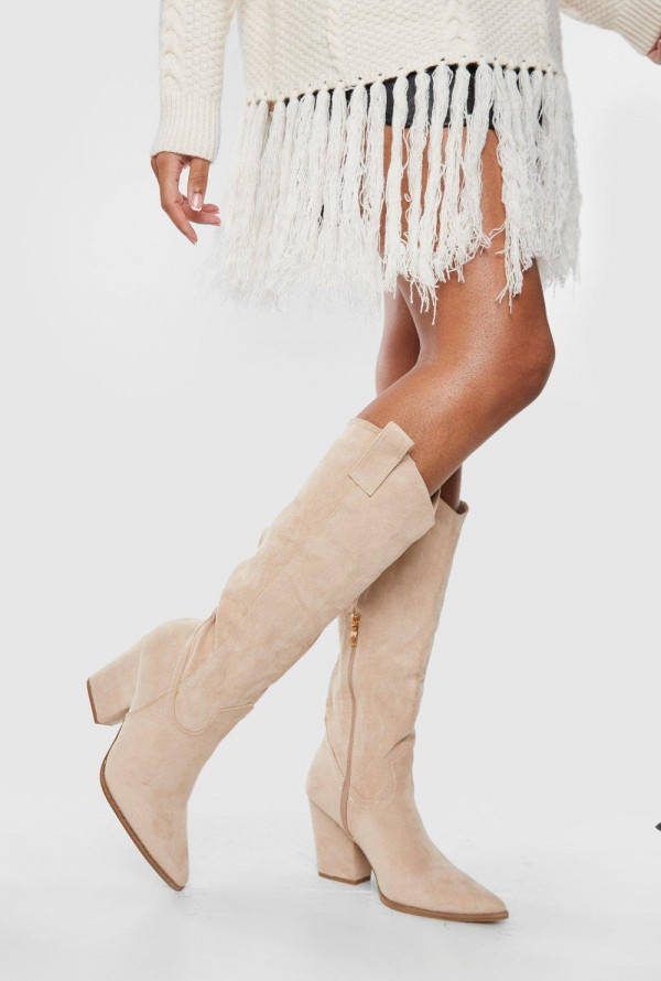 boohoo Kniehoege Cowboylaarzen Met Label, Beige