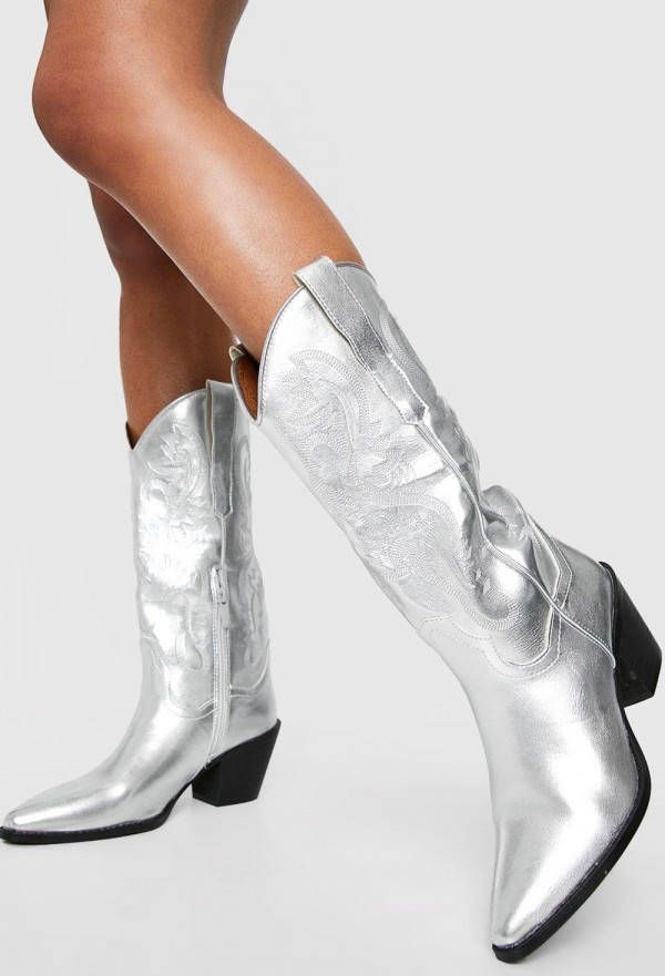 boohoo Kniehoge Metallic Cowboylaarzen, Silver