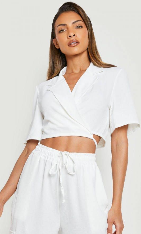boohoo Korte Blouse Met Textuur En Ceintuur, Ivory