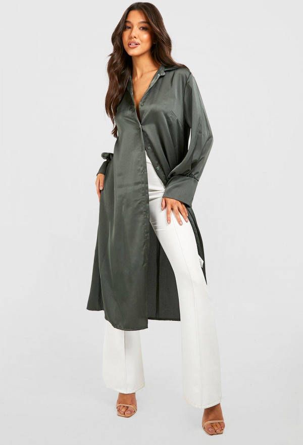 boohoo Lange Satijnen Blouse, Khaki