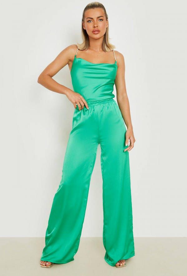 boohoo Lange Satijnen Wide Leg Broek, Bright Green