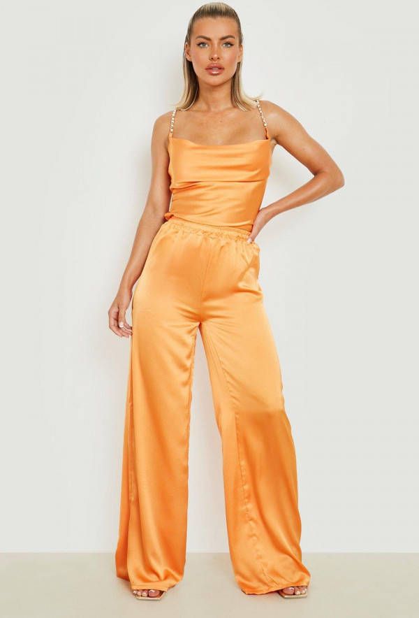 boohoo Lange Satijnen Wide Leg Broek, Orange