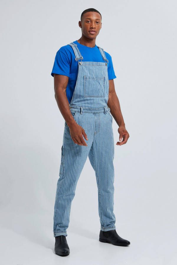 boohoo Lange Slim Fit Tuinbroek Met Krijtstrepen, Blue