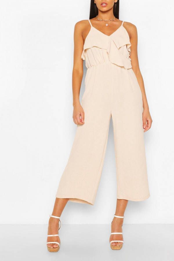 boohoo Linnen Cullotte Jumpsuit Met Ruches, Steenrood