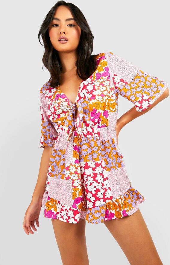 boohoo Losse Geweven Bloemen Romper Met Strik, Multi