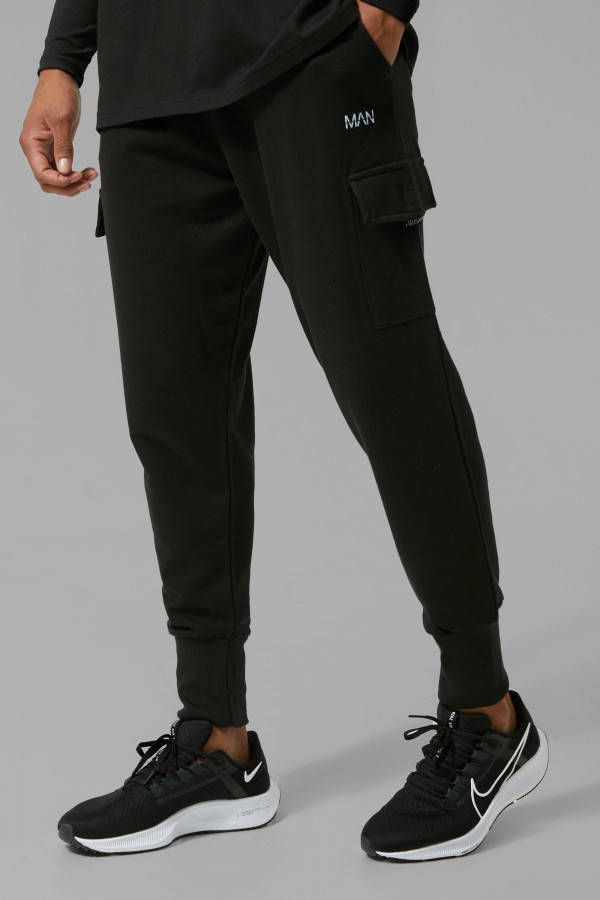 boohoo Man Active Cargo Joggingbroek Met Geribbeld Enkel Detail, Black