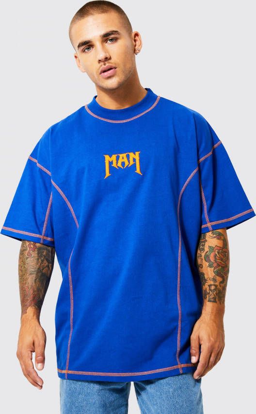 boohoo Man Oversized Contrasterend T Shirt Met Brede Nek, Cobalt