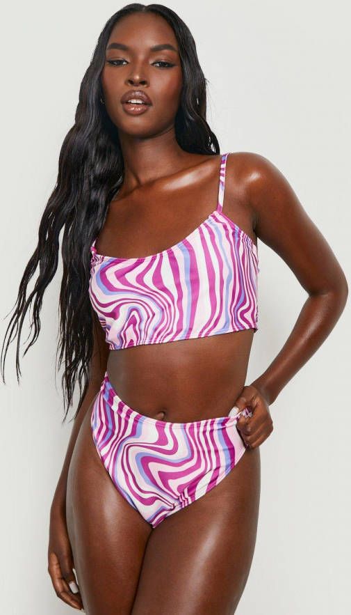 boohoo Marmerprint High Waist Bikini Set Met Lage Ronde Hals, Purple