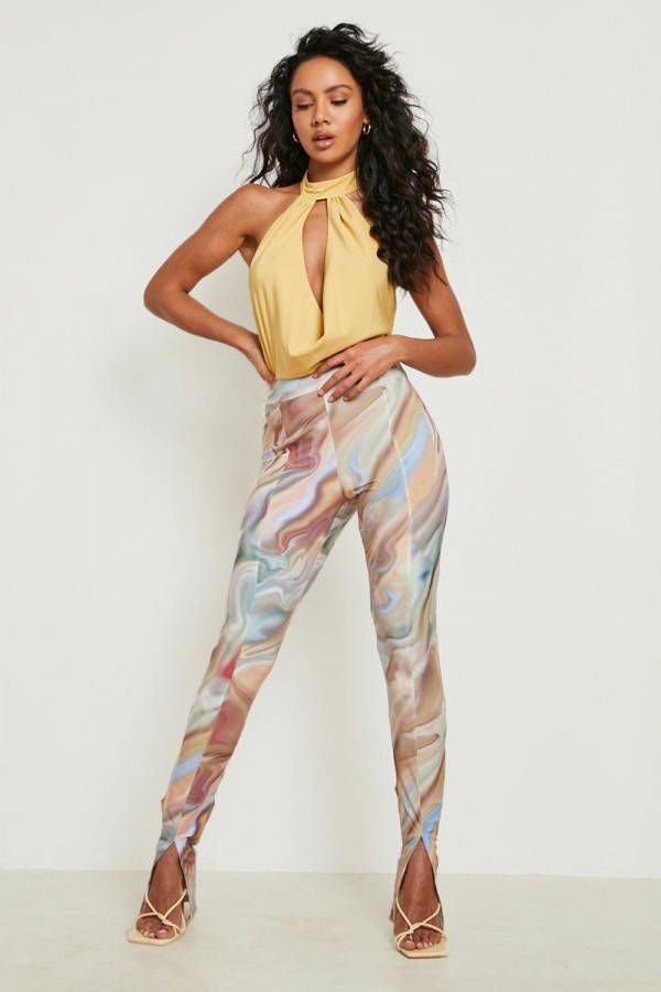 boohoo Marmerprint High Waist Leggings Met Split, Teal