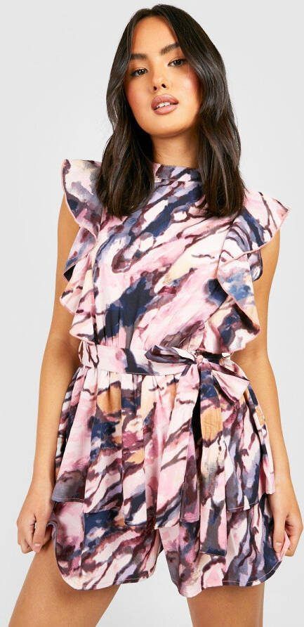 boohoo Marmerprint Romper Met Hoge Hals, Ruches En Ceintuur, Pink