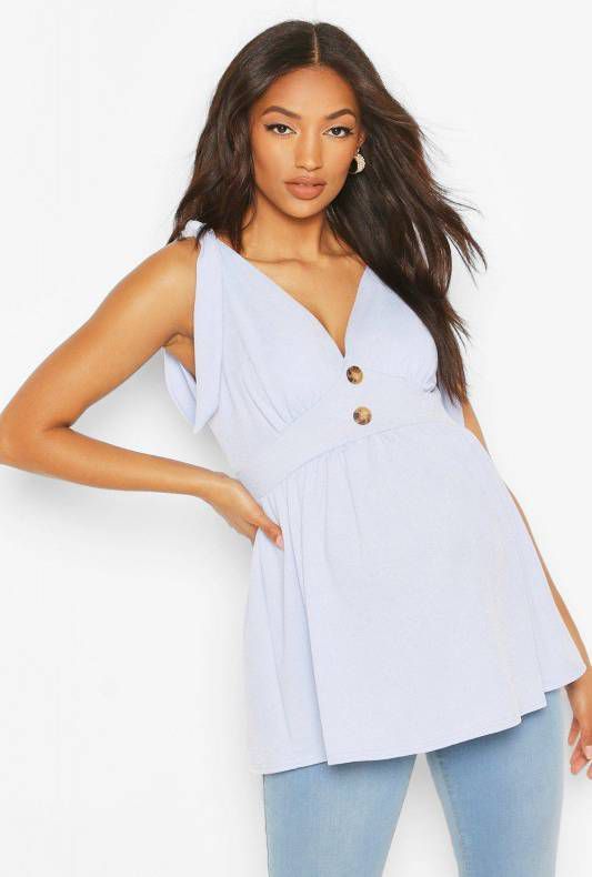 boohoo Zwangerschap Gesmokt Hemd Met Schouderstrikjes, Babyblauw