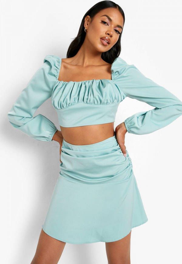 boohoo Matte Satijnen Geplooide Crop Top En Mini Rokje, Mint