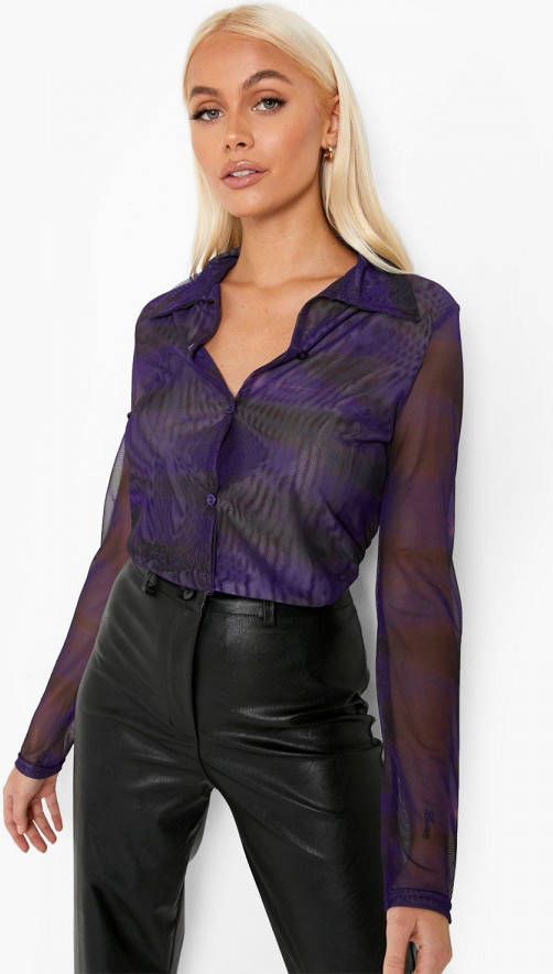 boohoo Mesh Blouse Met Abstracte Opdruk, Purple