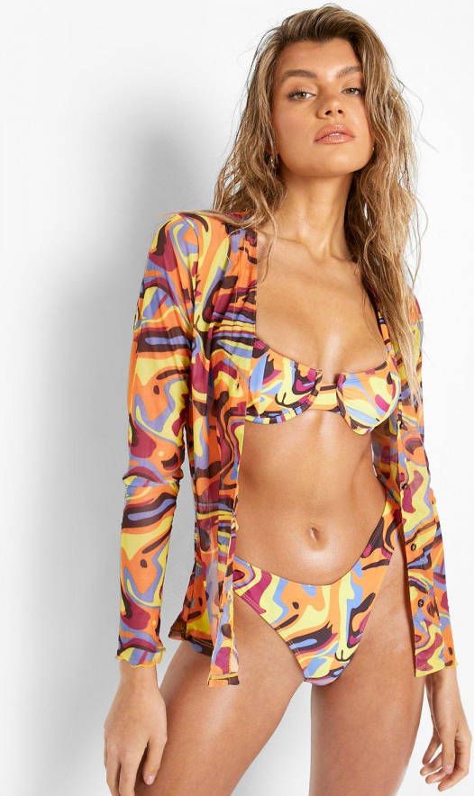 boohoo Mesh Marmerprint Strand Blouse Met Kraag En Knopen, Multi