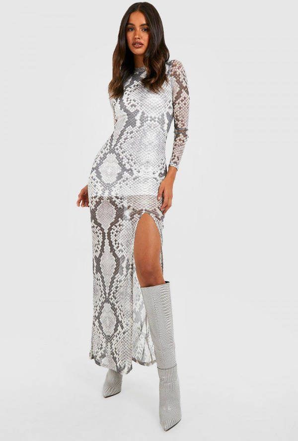 boohoo Mesh Slangenprint Maxi Jurk Met Zijsplit En Lange Mouwen, Grey