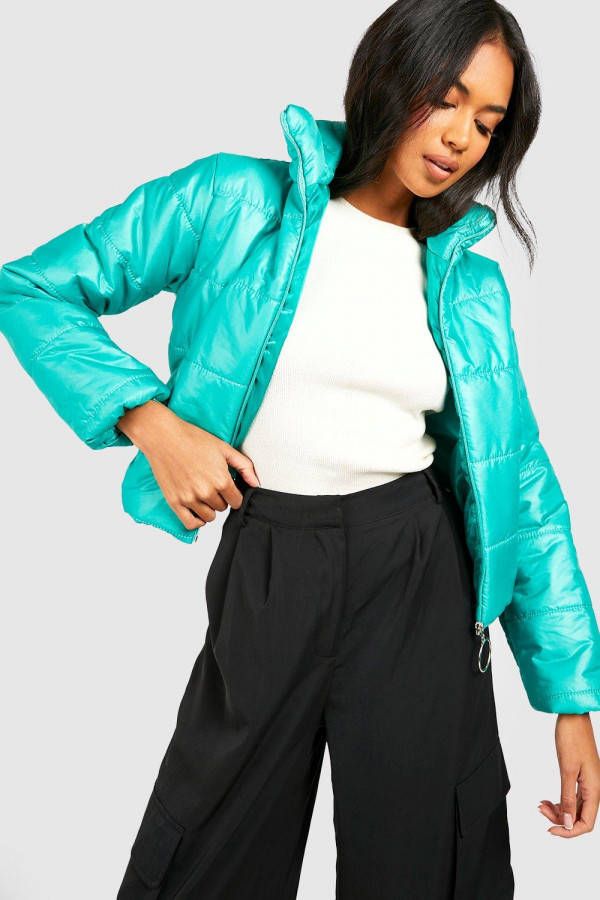 boohoo Met Hoge Hals Gewatteerde Jas, Turquoise