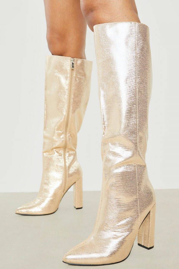 boohoo Metallic Knielaarzen Met Hoge Hak En Puntneus, Gold