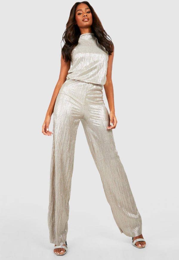 boohoo Metallic Plisse Wide Leg Broek, Champagne