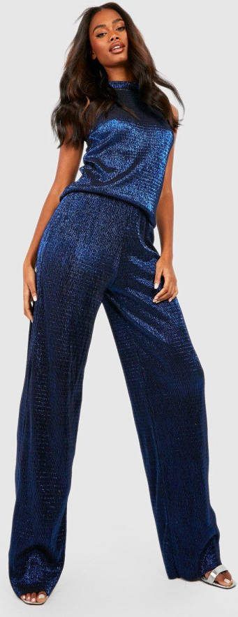boohoo Metallic Plisse Wide Leg Broek, Cobalt