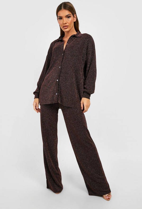 boohoo Metallic Plisse Wide Leg Broek, Rose Gold