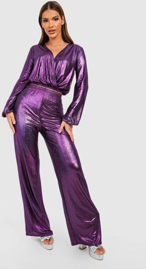 boohoo Metallic Wide Leg Broek, Purple