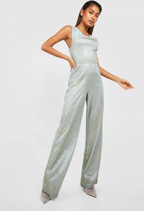 boohoo Metallic Wide Leg Jumpsuit Met Losse Col, Sage Silver