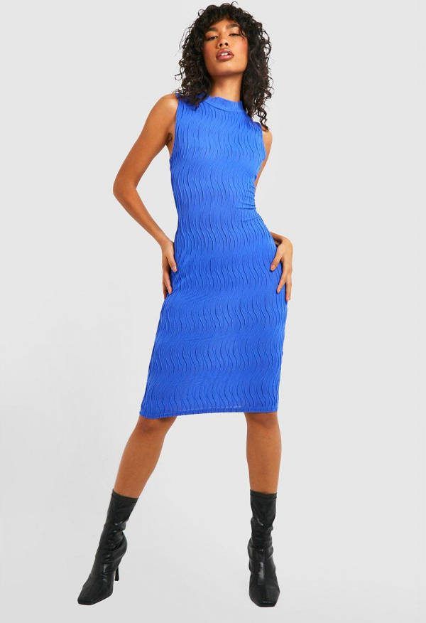 boohoo Midi Jurk Met Golvende Textuur En Hoge Hals, Cobalt
