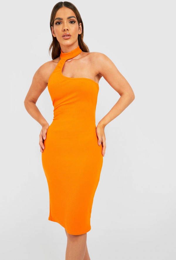 boohoo Midi Jurk Met Hoge Kraag En Uitsnijding, Orange