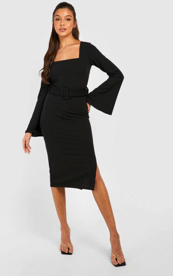 boohoo Midi Jurk Met Wijde Mouwen, Vierkante Hals En Ceintuur, Black