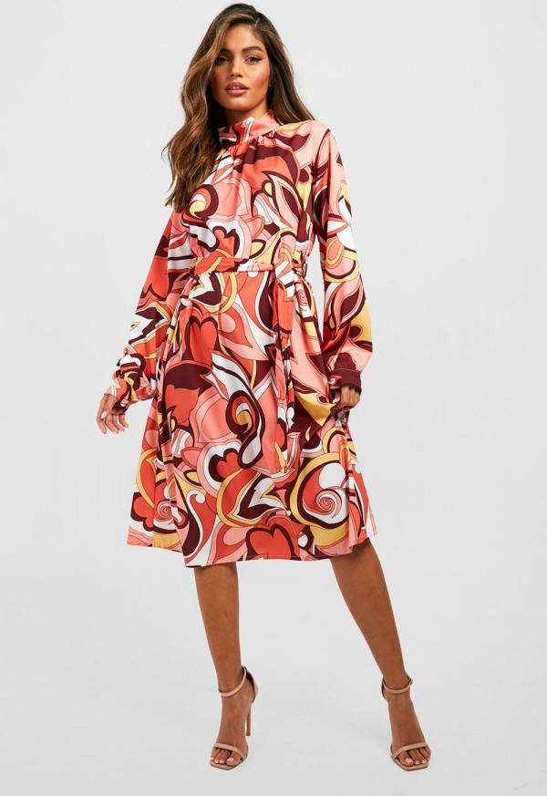 boohoo Midi Skater Jurk Met Abstracte Print En Hoge Hals, Pink