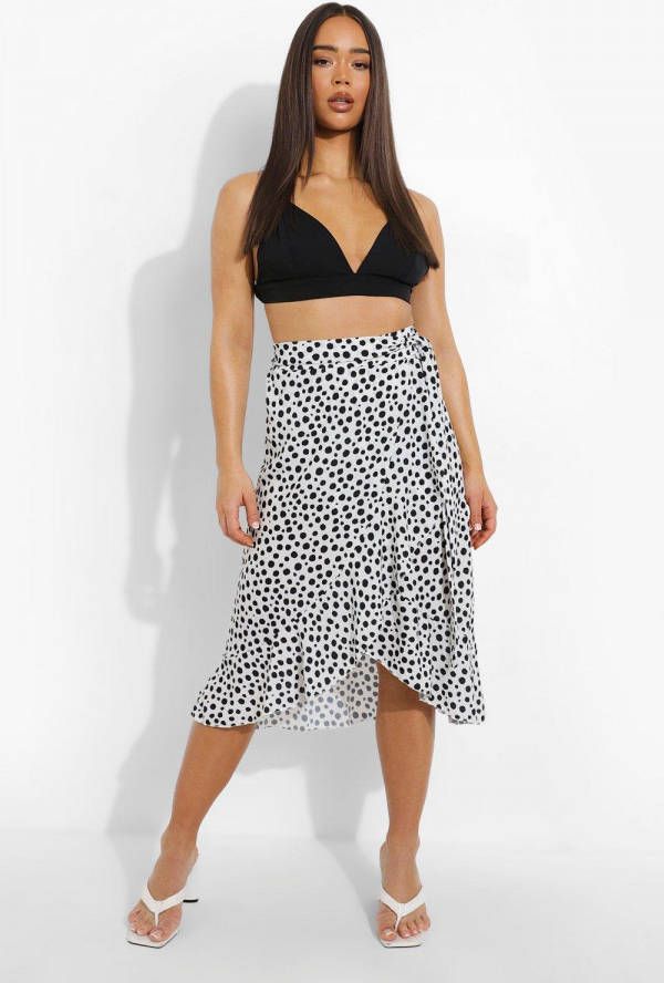 boohoo Midi Wikkelrok Met Ruches En Stippen, White