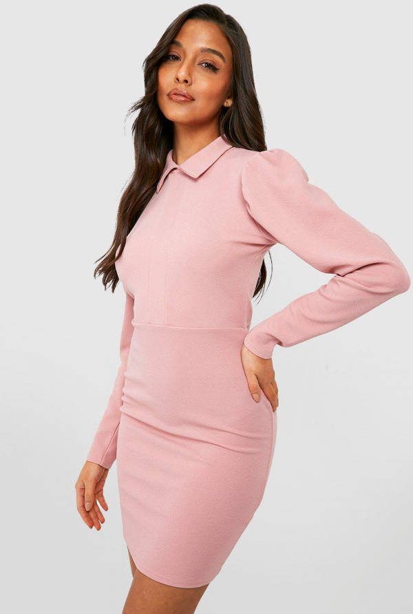 boohoo Mini Jurk Met Lange Mouwen En Kraag, Rose