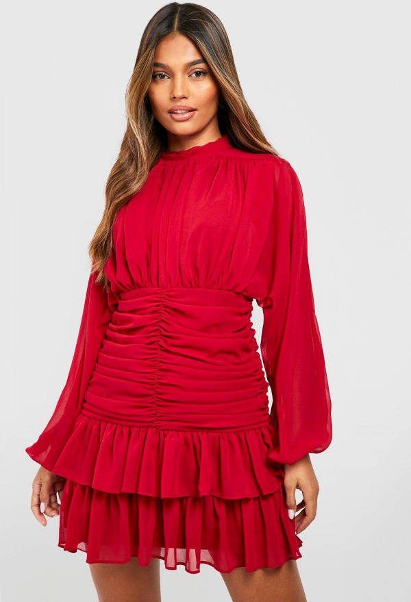 boohoo Mini Jurk Met Wijde Mouwen, Hoge Hals En Ruches, Berry