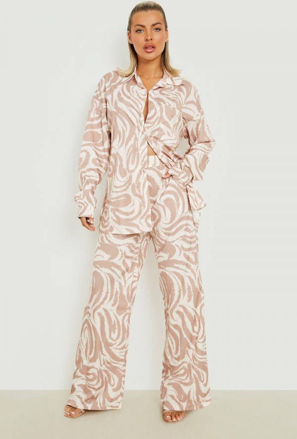 boohoo Monochrome Zebraprint Wide Leg Broek, Taupe