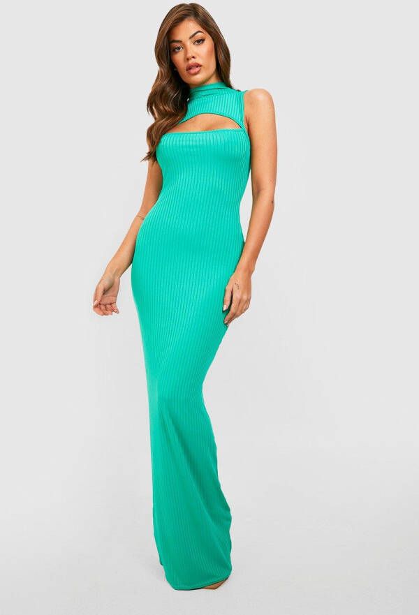 boohoo Mouwloze Geribbelde Cut Out Maxi Jurk Met Hoge Hals, Bright Green