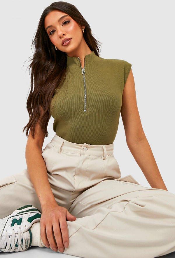 boohoo Mouwloze Geribbelde One Piece Met Halve Rits En Hoge Hals, Khaki